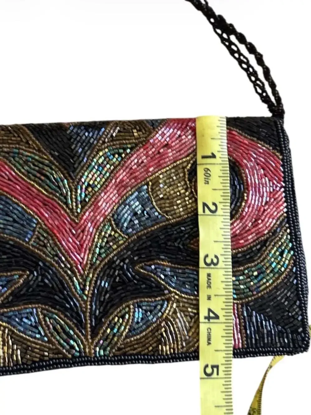 Vintage Hand-Beaded Multi-Color Floral Pattern Evening Clutch with Braided Strap